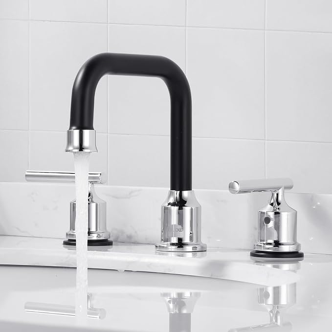 WOWOW Black and Chrome Bathroom Sink Faucet, Widespread Bathroom Faucet 3 Hole - Image 3