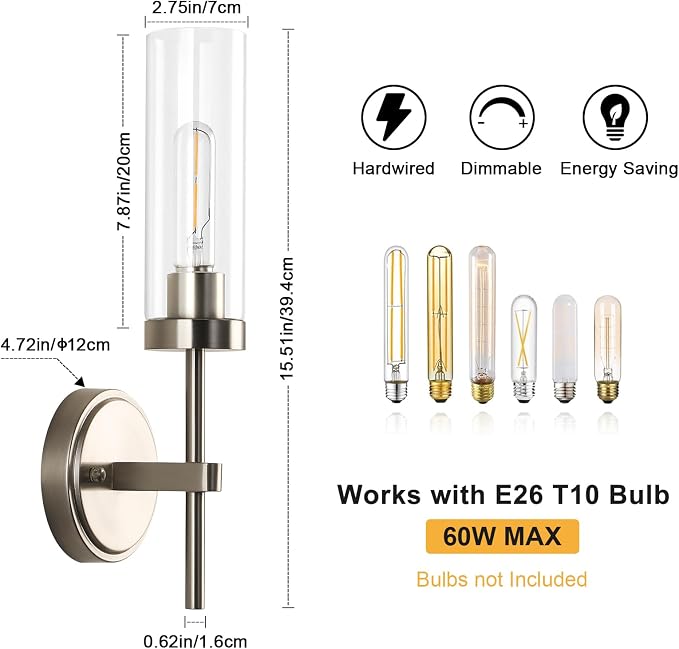 WILON Bathroom Wall Sconces Set of 2, Brushed Nickel Vanity Lights - Image 2