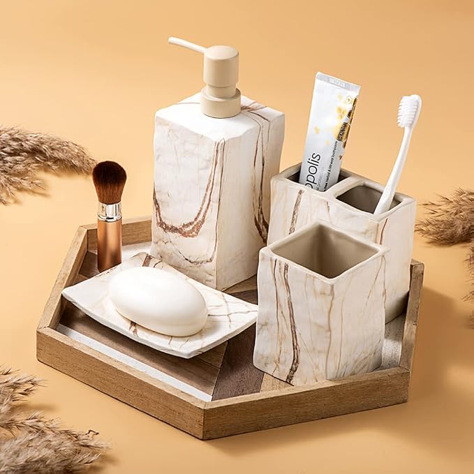 Bathroom Accessories Set 4 Pieces Toothbrush Holder Soap Dispenser Ceramic - Image 4