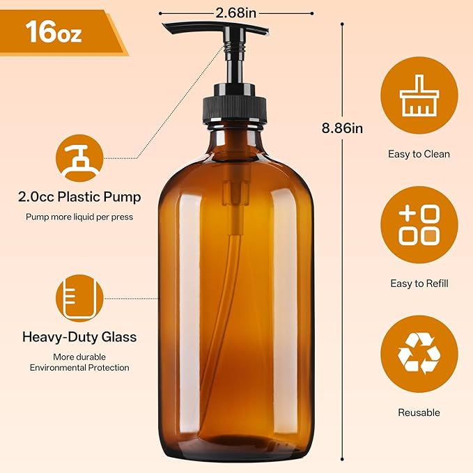 Vitreaux 16oz Amber Glass Soap Dispenser, 2 Pack Refillable Hand Soap Dispenser - Image 2