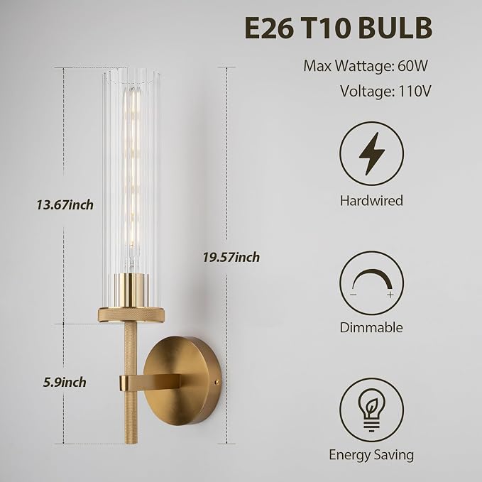 19.5" Knurled Gold Hardwired Wall Sconces Set of 2, Bathroom Vanity Light - Image 4
