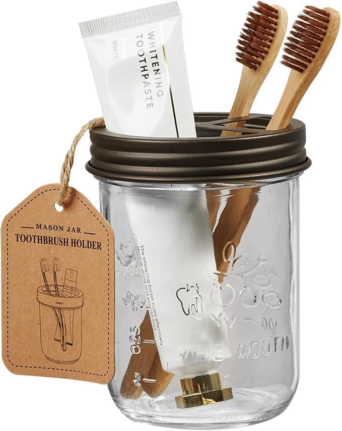 Amolliar Mason Jar Bathroom Accessories Set -Bronze-Lotion Soap Dispenser&Qtip - Image 4