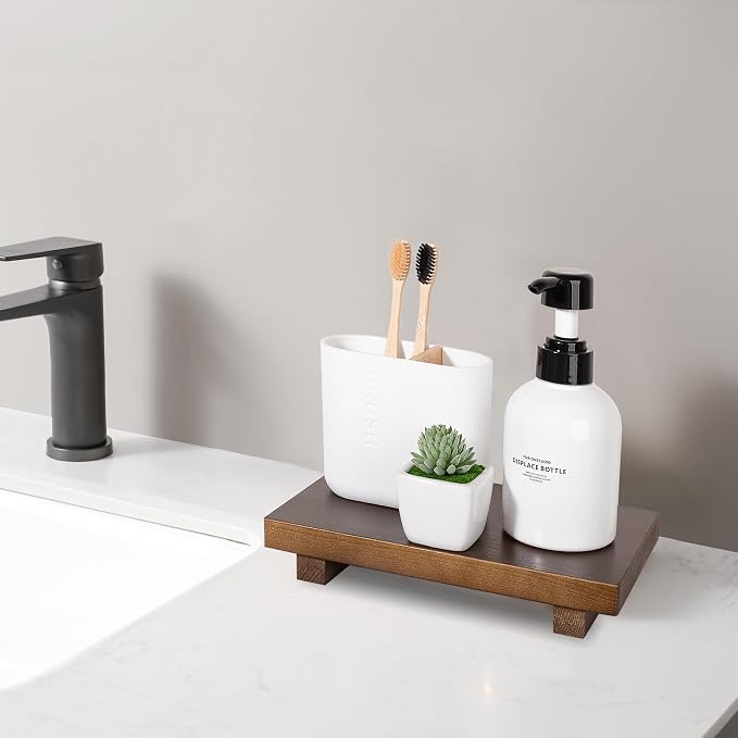 Bathroom Counter Organizer Wood Pedestal Stand Farmhouse Decorative Tray Soap - Image 2