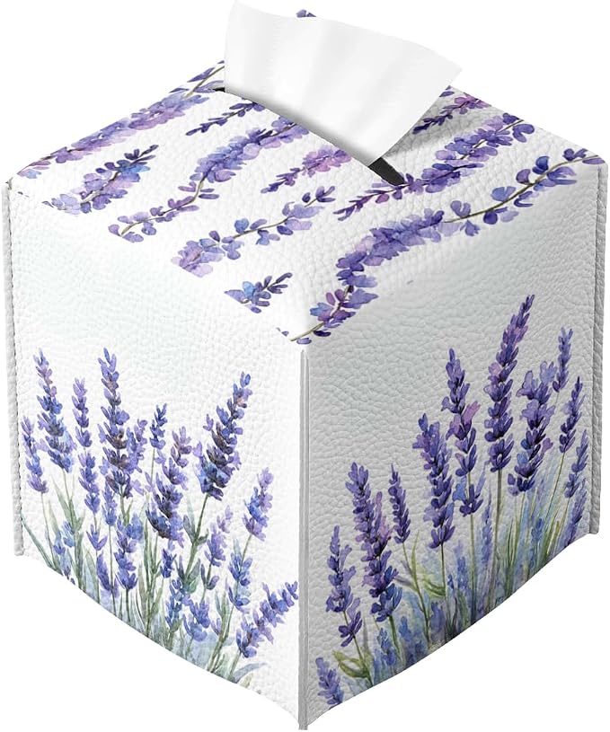 Butterfly Tissue Box Cover Purple Lavender Blossoms Garden Square PU Leather by Unknown