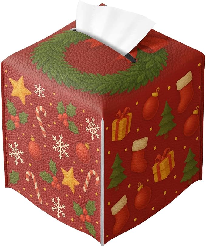 Christmas Tissue Box Cover Funny Cartoon Cute Red Xmas Holly Leather Tissue Box by Unknown