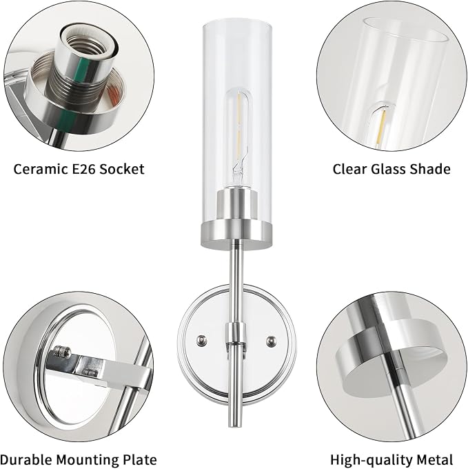 WILON Modern Wall Sconces Set of 2, Chrome Bathroom Light Fixture - Image 4