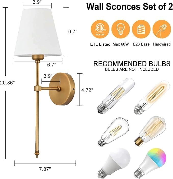 Bsmathom Wall Sconces Sets of 2, Hardwired Classic Brushed Brass Sconces Wall - Image 3