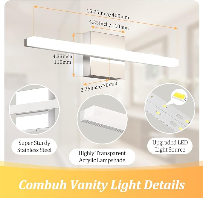 Combuh LED Bathroom Vanity Light Lamp 16Inch 9W IP44 Chrome Over Mirror - Image 3