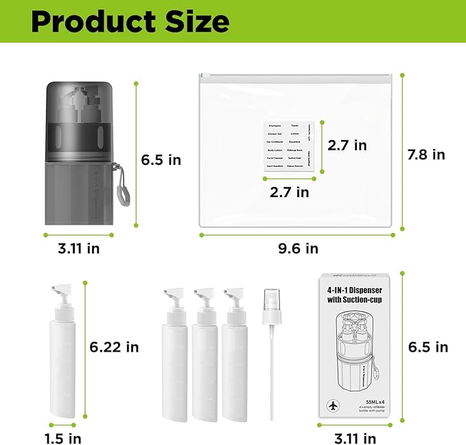 2P 4 in 1 Travel Toiletry Containers, TSA Approved Refillable Travel Size - Image 7