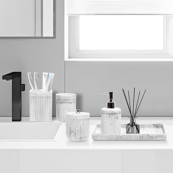 Resin White Marble Bathroom Accessories Set 5 Pcs, Lotion Soap Dispenser - Image 9