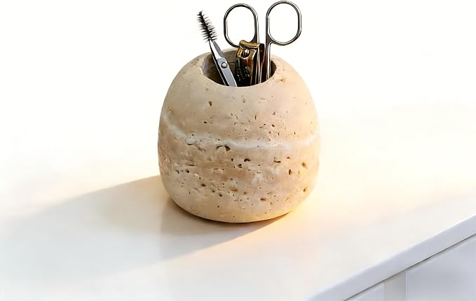 Travertine Match and Toothpick Holder Cute Beige Multi-Purpose Storage Jar - Image 2
