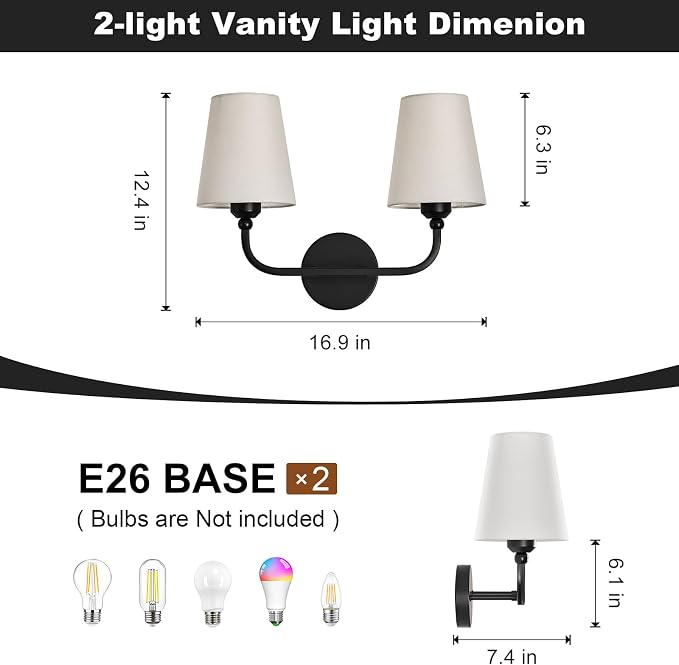 Bathroom Vanity Light, Matte Black Bathroom Light Fixtures, 2-Light Lighting - Image 3