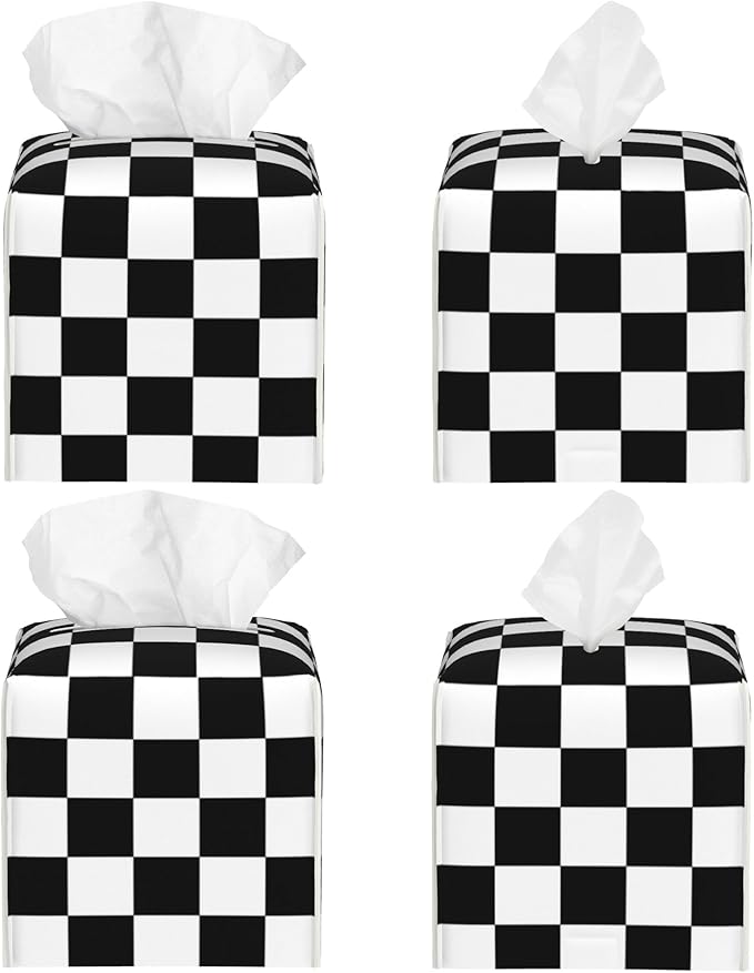 Black and White Checkerboard Tissue Box Cover Square, Square Grid Checkered - Image 2