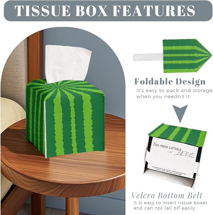 Funny Fruit Tissue Box Cover Summer Cute Green Watermelon Square PU Leather - Image 2