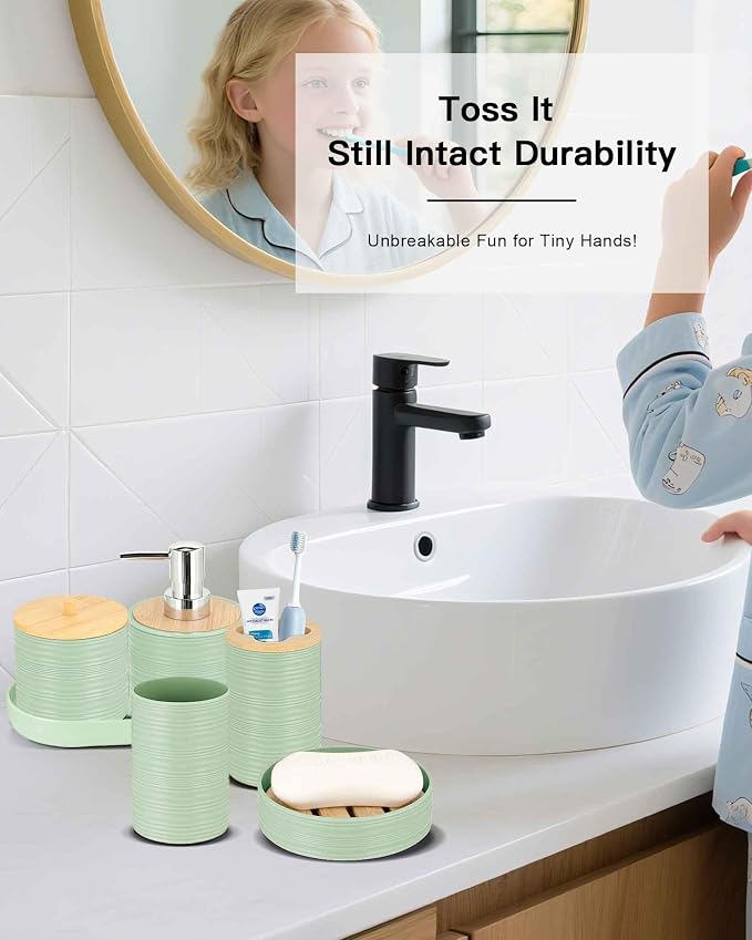 IMAVO Green Bathroom Set, Trash Can, Soap Dispenser, Soap Dish, Toothbrush - Image 4