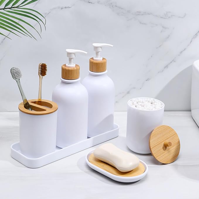Matte White Bathroom Accessories Set 7 Pcs, Bamboo Bathroom Accessories Sets - Image 4