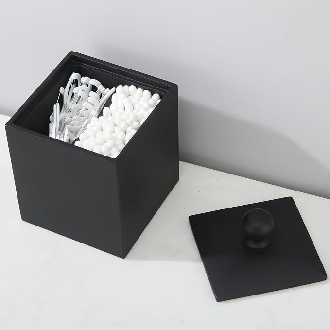 Cotton Swab Holder with Lid, Square Qtip Holder Bathroom Black, 2 Slot Resin - Image 6