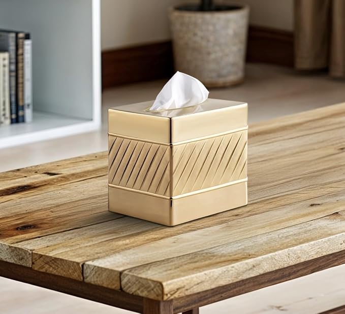 Monarch Abode Tissue Box Cover Square – Handcrafted Wave Embossed Brushed Gold - Image 5
