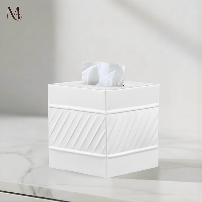 Monarch Abode Tissue Box Cover Square – Handcrafted Wave Embossed White Metal - Image 5
