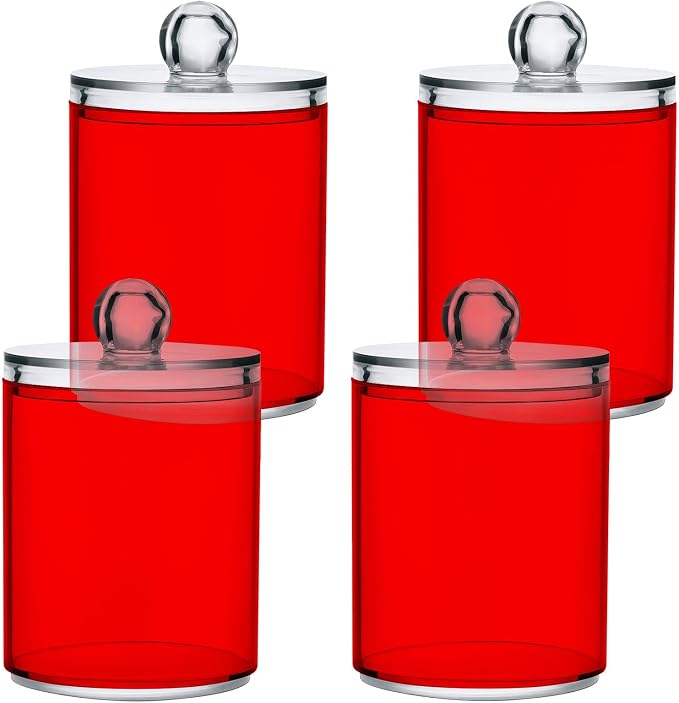 Red Qtip Holder Organizer Dispenser Cotton Swabs Cans Plastic Jars - Image 2