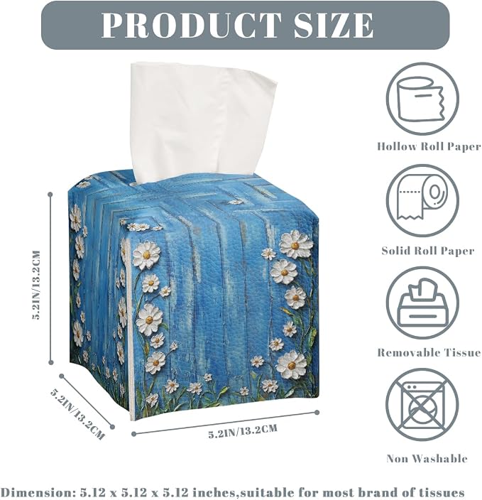 White Flowers Daisy Tissue Box Cover Rustic Floral Wooden Square PU Leather - Image 3