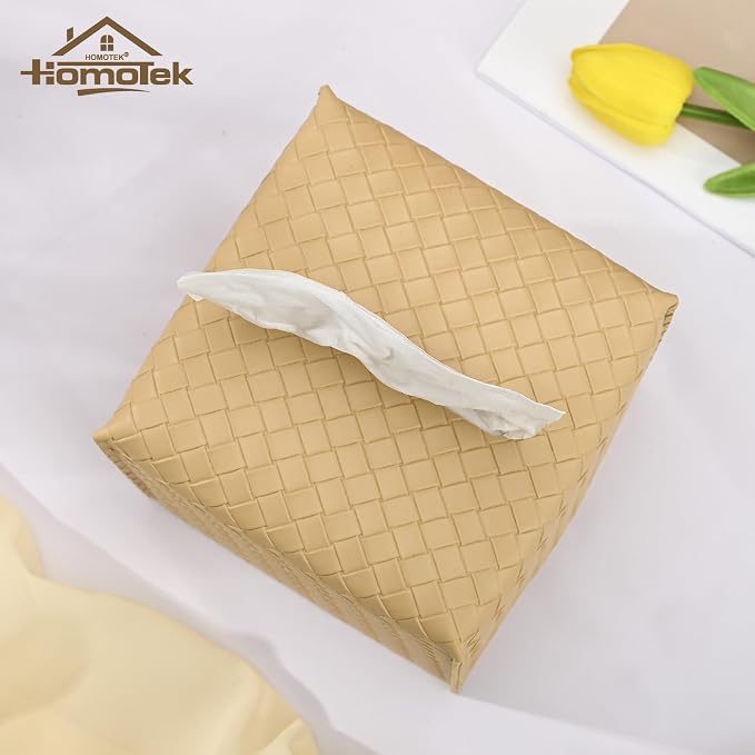 HOMOTEK 2 Pack Tissue Box Cover, Square PU Leather Tissue Holder, Decorative - Image 2