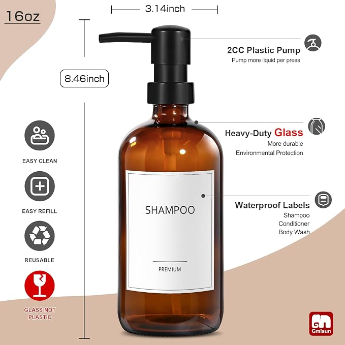 GMISUN Glass Shampoo and Conditioner Dispenser, Shower Soap Dispenser Bottles - Image 3