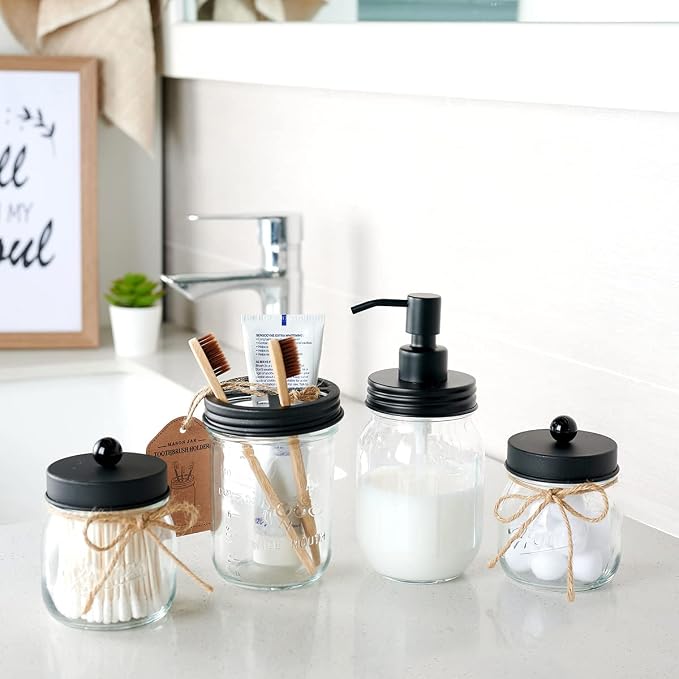 Amolliar Mason Jar Bathroom Accessories Set 4 Pcs -Lotion Soap Dispenser & 2 - Image 6