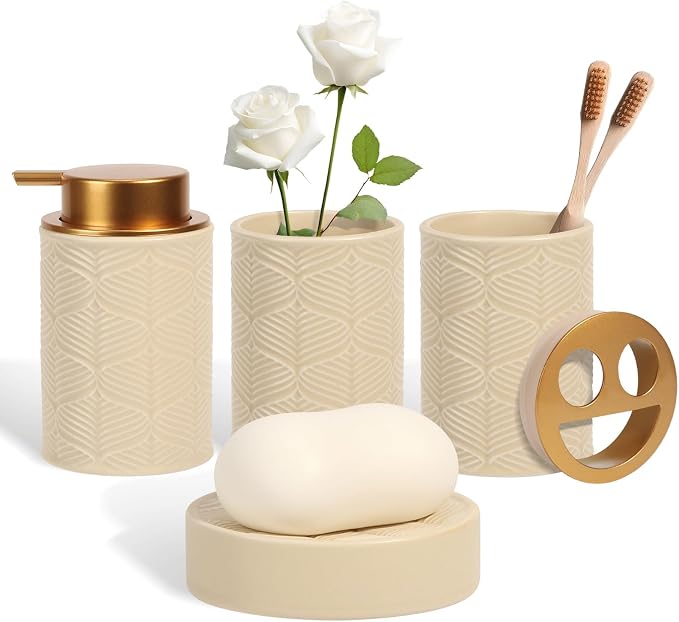 Ceramic Bathroom Accessories Set, Toothbrush Holder, Vanity Tray, and Tumbler by KUKIKAN