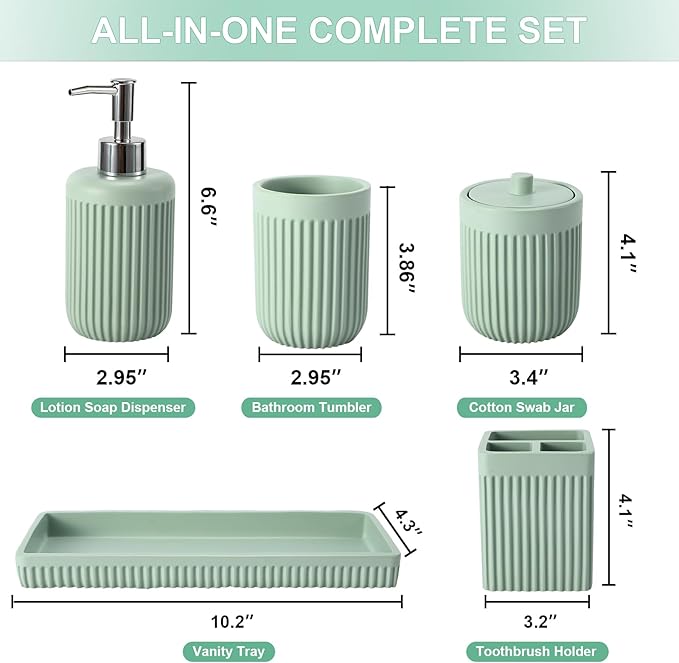 Resin Light Green Bathroom Accessories Set 5 Pcs, Lotion Soap Dispenser - Image 2