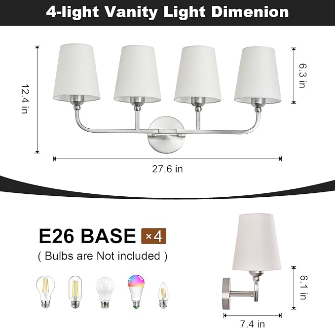 Bathroom Vanity Light, Brushed Nickel Bathroom Light Fixtures, 4-Light Lighting - Image 3