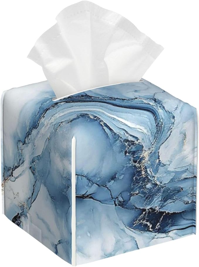 Blue Marble Tissue Box Cover Modern Square Leather Tissue Holder Decorative by HOYYU