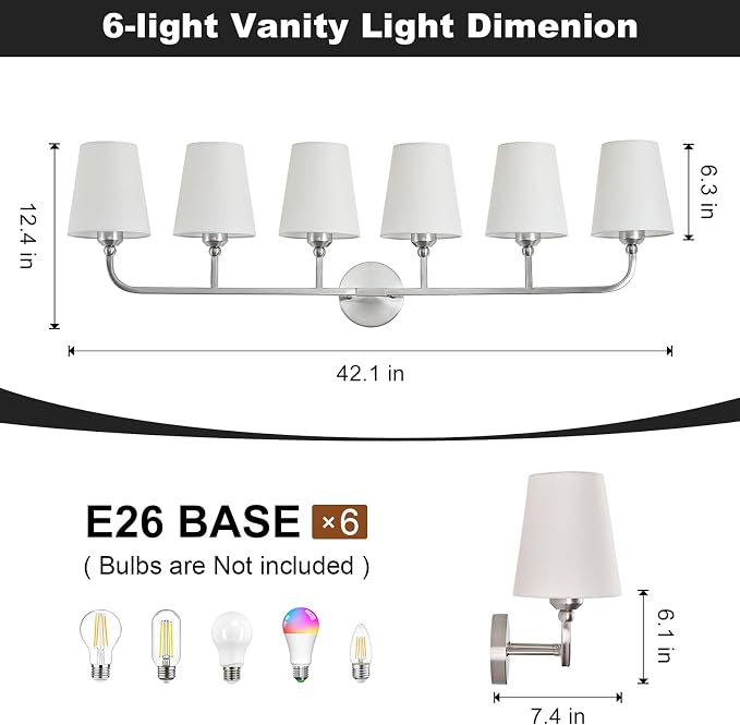 Bathroom Vanity Light, Brushed Nickel Bathroom Light Fixtures, 6-Light Lighting - Image 3