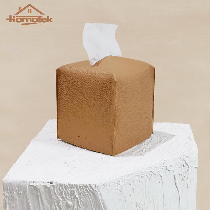 HOMOTEK 2 Pack Tissue Box Cover, Square PU Leather Tissue Holder, Decorative - Image 4