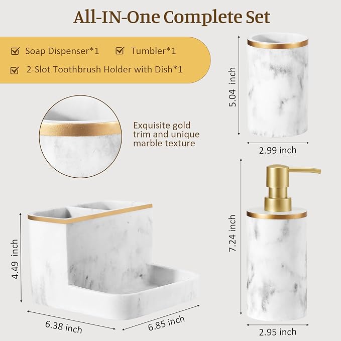 Shinowa Bathroom Accessories Set, Marble Look Toothbrush Holder and Soap - Image 6