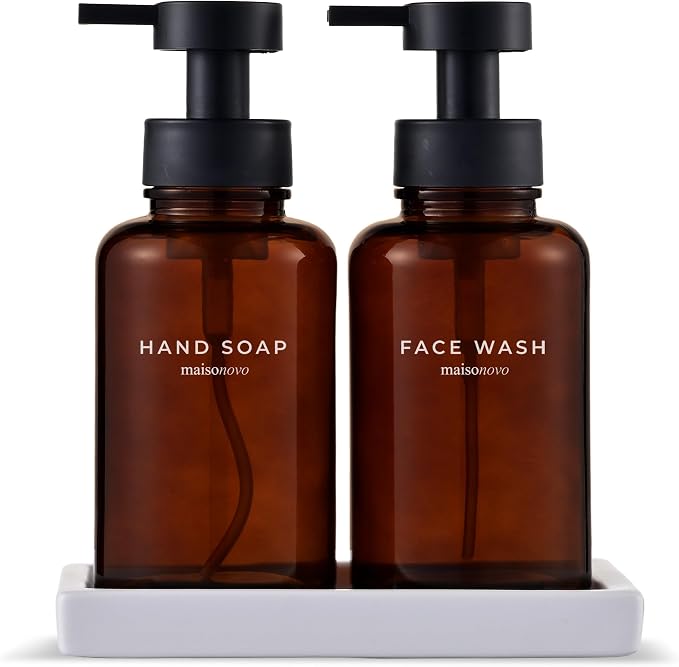 MaisoNovo Glass Foaming Soap Dispenser 14 Oz | Amber Glass Black Pumps x 2 by MaisoNovo-TheArtofSustainableLiving