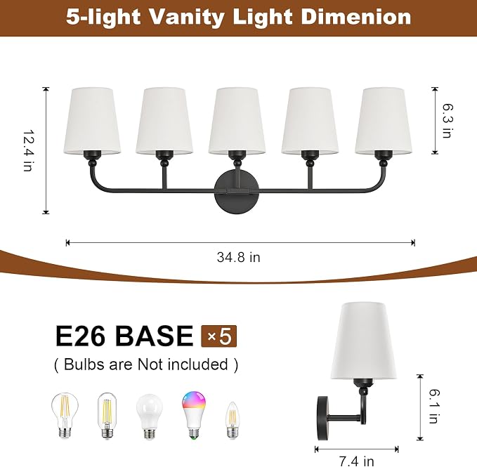 Bathroom Vanity Light, Matte Black Bathroom Light Fixtures, 5-Light Lighting - Image 4