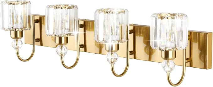 Ralbay Brass Gold Vanity Lights 4-Lights Crystal Bathroom Lighting Fixtures - Image 2