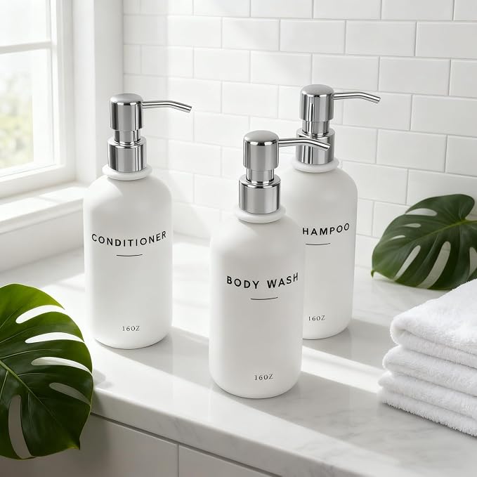 Set of 3 Shampoo and Conditioner Dispenser Stainless Steel Pump Head - 16oz - Image 4