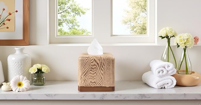 Hymmah Wooden Texture Square Tissue Box Cover Cube Tissue Holder Unique Design - Image 5