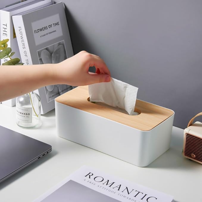 Tissue Box with Bamboo Cover, Plastic Tissue Organizer, Bathroom Tissue - Image 6
