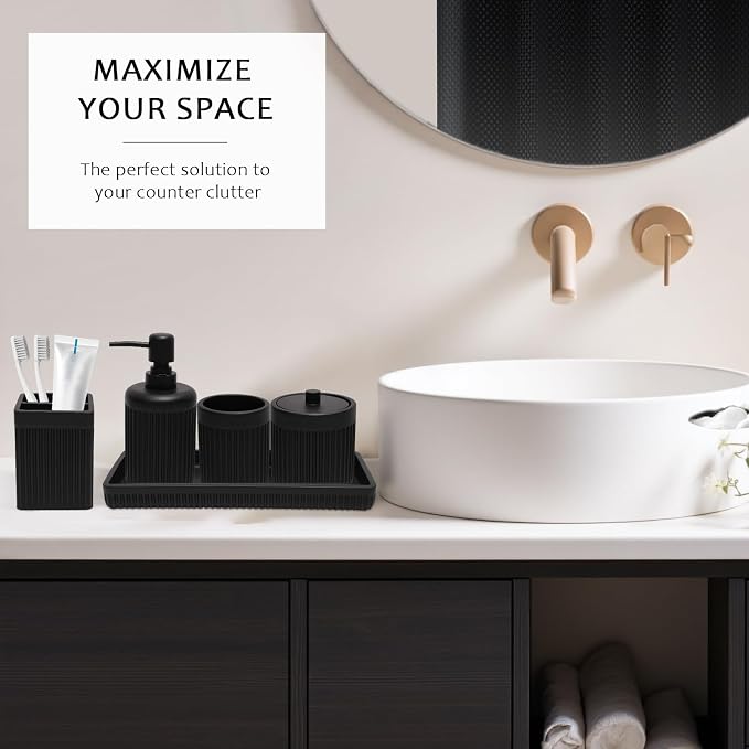 Matte Black Bathroom Sets with Shower Curtain and Rugs, 8-Piece Resin Bathroom - Image 5