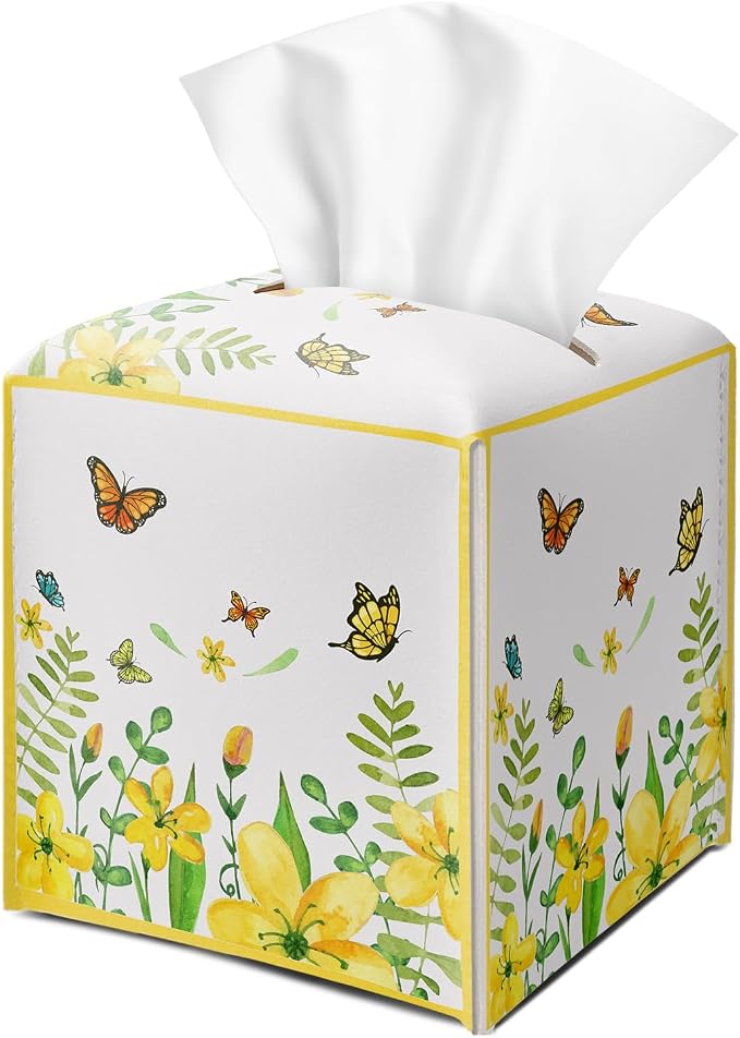 Yellow Floral Butterfly Tissue Box Cover Square by DOIUCRO