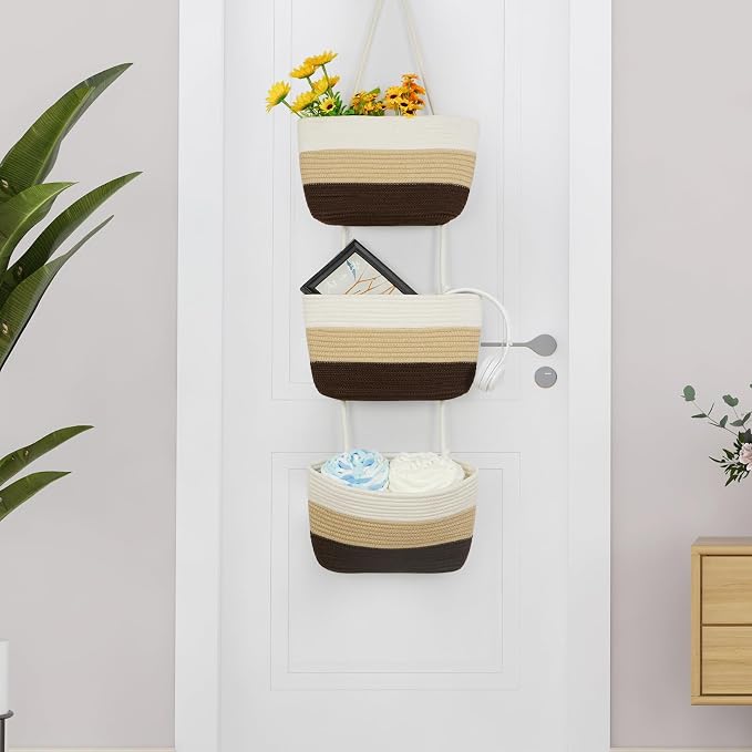 TeoKJ Over the Door Hanging Baskets, 3-Tier Woven Cotton Storage Organizer Bag - Image 3