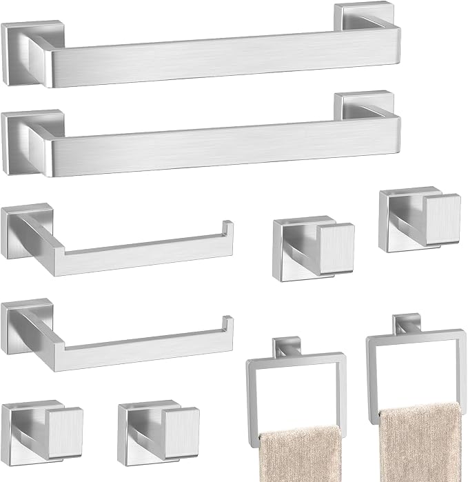 Bathroom Accessories Towel Bar Set: 10 Pieces Brushed Nickel Square Bathroom by PAHSFSLLC