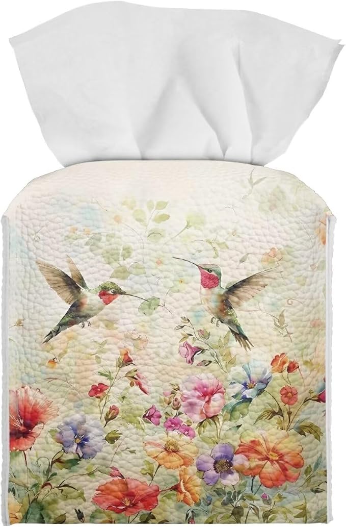 Bird Flowers Luxury Tissue Box Cover, Elegant PU Leather Square Tissue Case by Pzuqiu