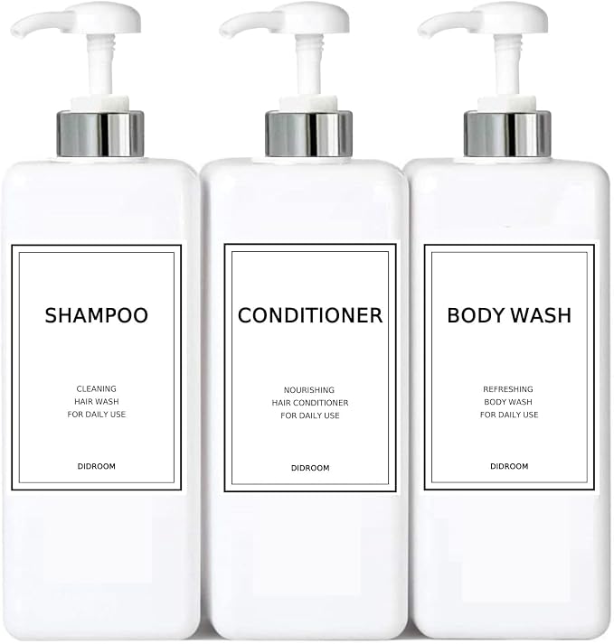Modern Silver Shampoo and Conditioner Dispenser Refillable Pump Bottle Set by DIDROOM