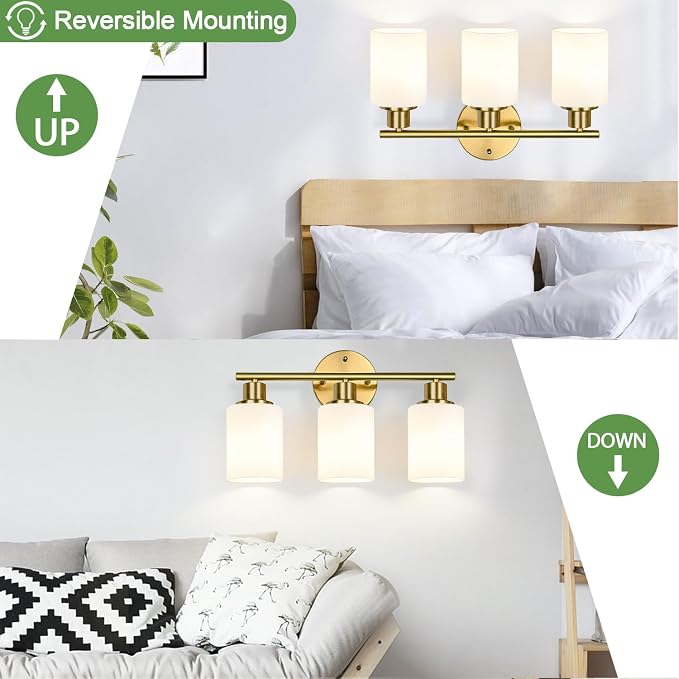 3-Light Bathroom Light Fixtures, Brushed Gold Vanity Light, Farmhouse Wall - Image 7