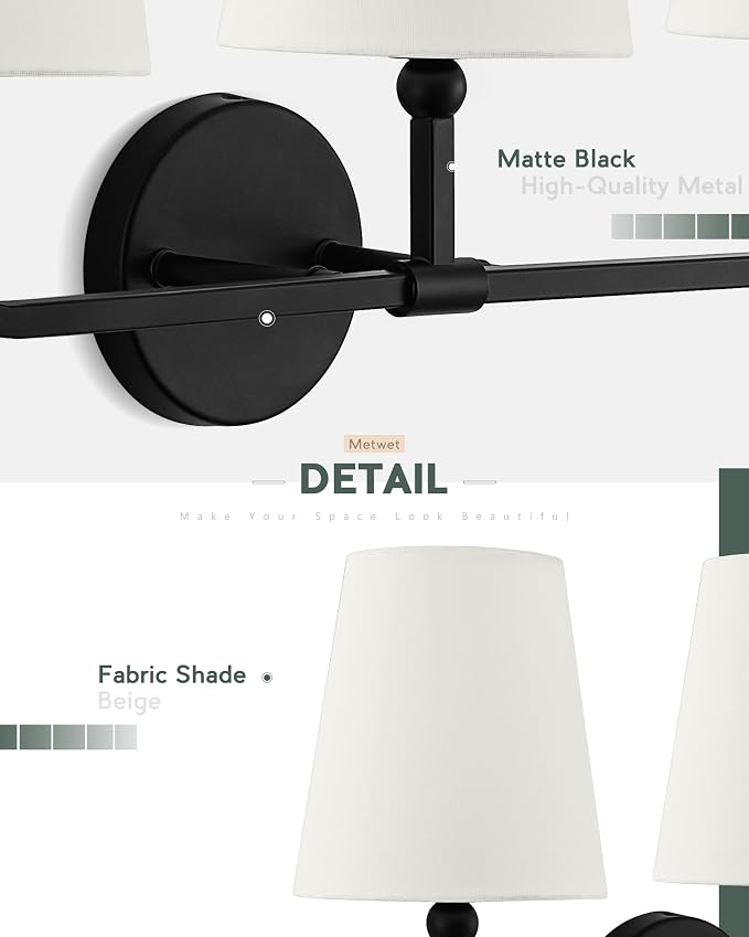 Bathroom Light Fixtures, 3-Light Matte Black Vanity Lights - Image 3