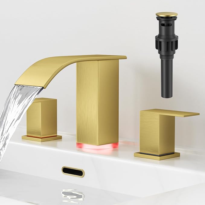 RUMOSE LED Bathroom Faucets Set Brushed Gold 8 inch Bathroom Sink Faucet 3 Hole by RUMOSE